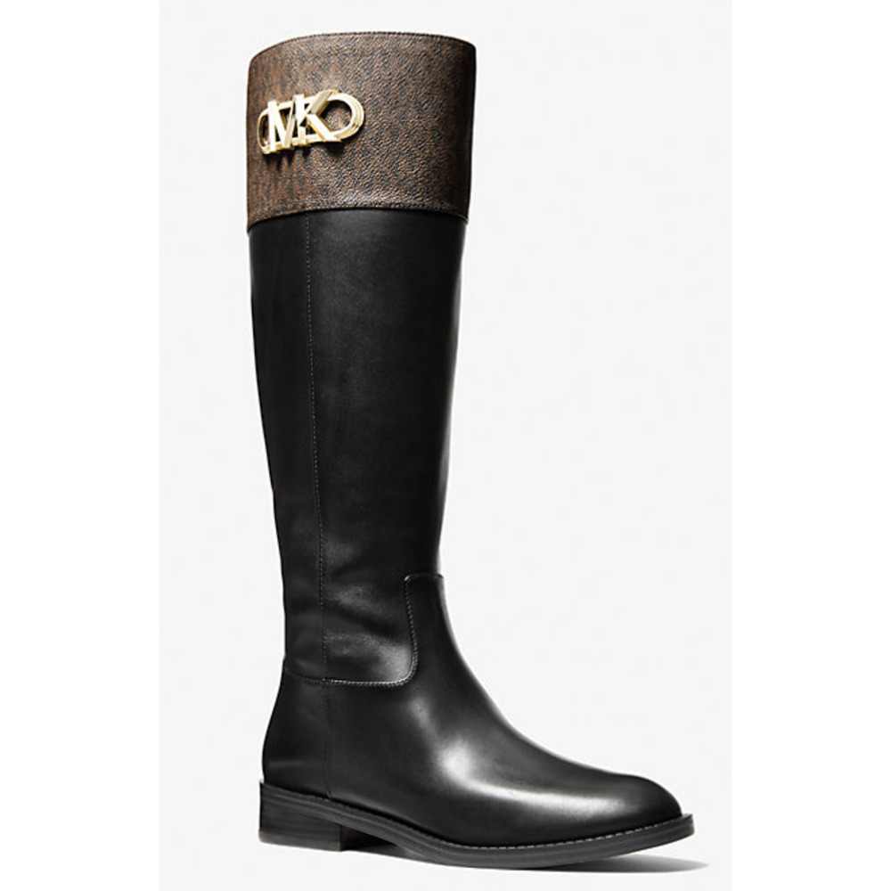 NEW MICHAEL KORS BLACK BROWN PARKER LOGO & LEATHER KNEE BOOTS SZ 6